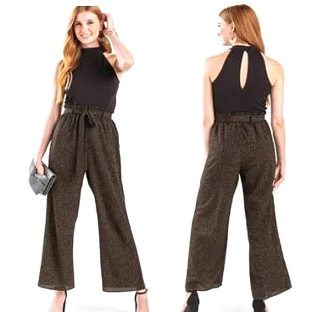 Y2K Coquette Jumpsuit Sz S Black Top Leopard Bottoms Sleeveless Wide Leg Flowy